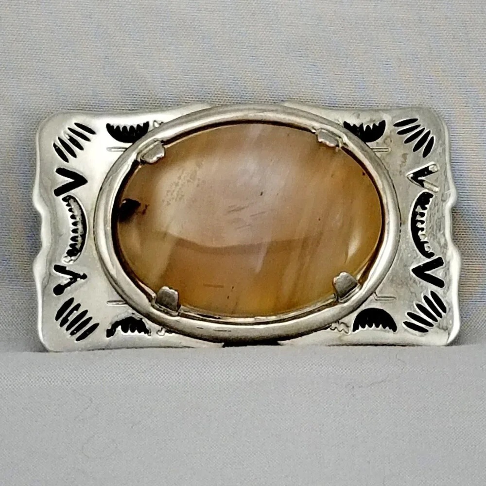 Silver Belt Buckle with Brown Agate Stone